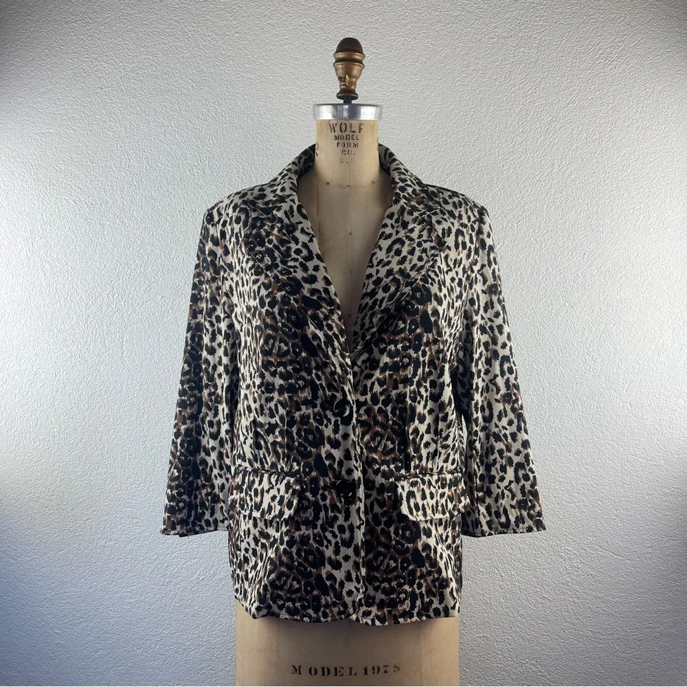 Kim Rogers l M Classic Tailored Animal Leopard Button-Down Preppy Blazer Jacket